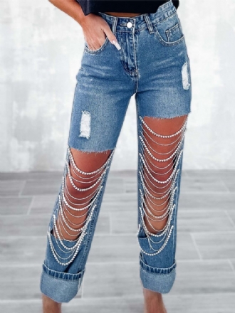 Dames Fringe Jeans Chains Hoge Taille Asymmetrische Nightout Denim Broek