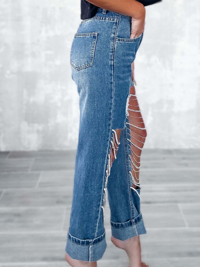 Dames Fringe Jeans Chains Hoge Taille Asymmetrische Nightout Denim Broek - Blauw