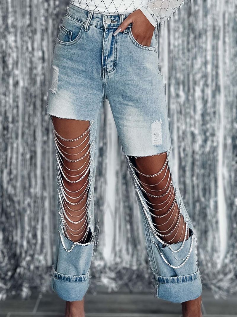 Dames Fringe Jeans Chains Hoge Taille Asymmetrische Nightout Denim Broek - Licht Hemelsblauw