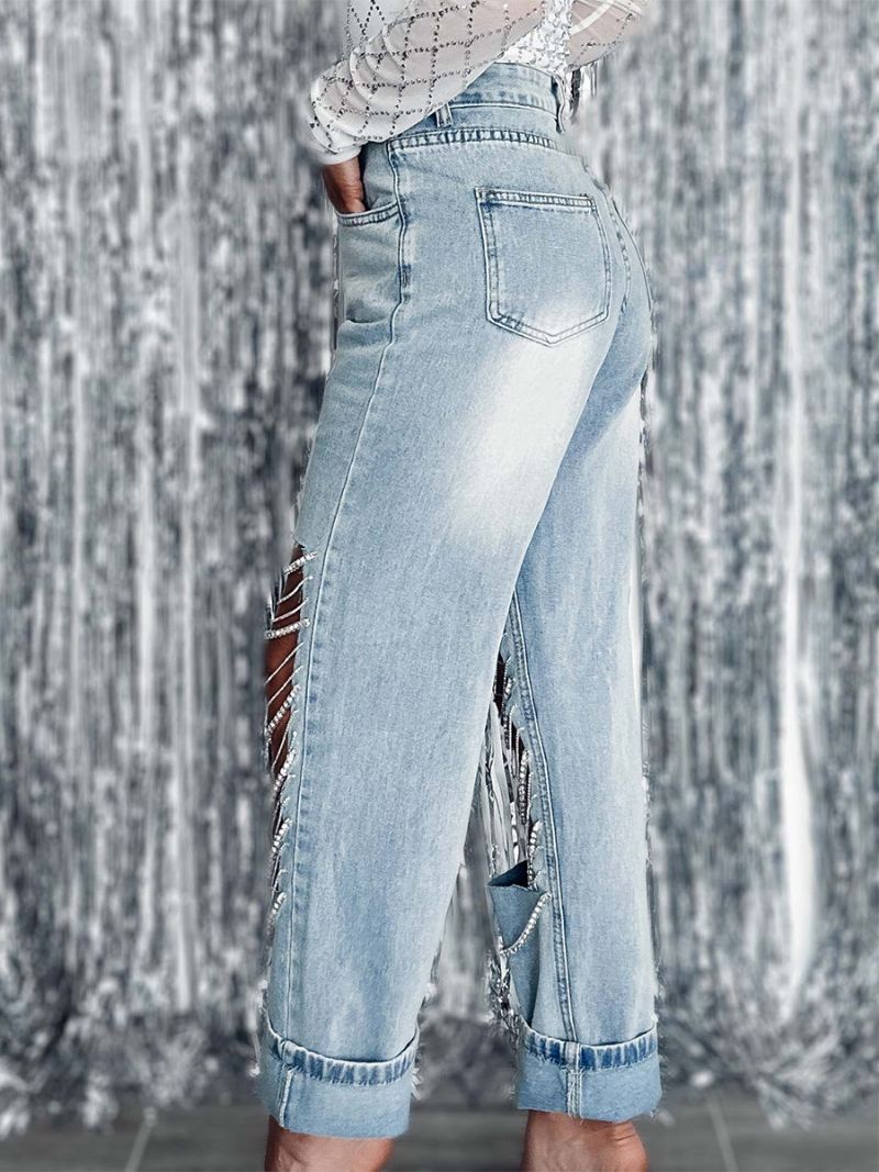 Dames Fringe Jeans Chains Hoge Taille Asymmetrische Nightout Denim Broek - Licht Hemelsblauw