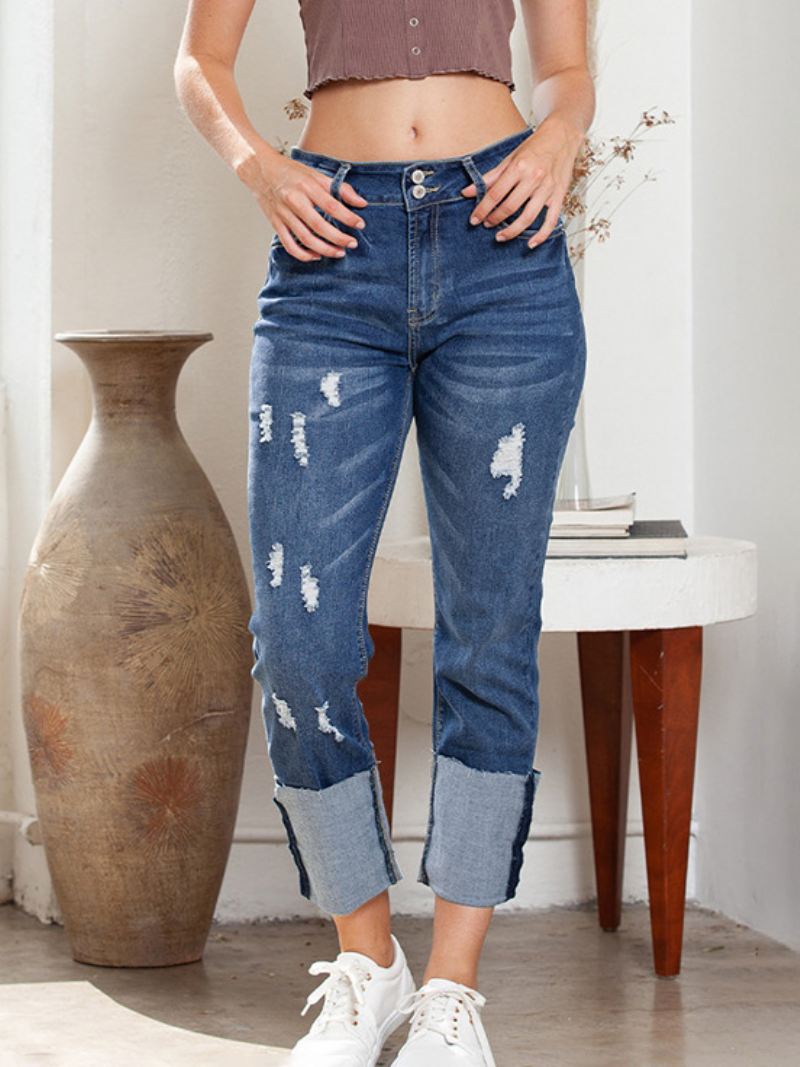 Damesjeans Met Gescheurde Manchetten Hoge Taille Boyfriend Denimbroek Rechte Pijpen - Blauw