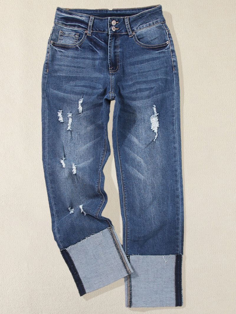 Damesjeans Met Gescheurde Manchetten Hoge Taille Boyfriend Denimbroek Rechte Pijpen - Blauw