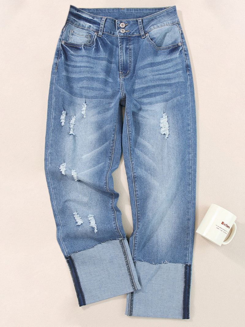 Damesjeans Met Gescheurde Manchetten Hoge Taille Boyfriend Denimbroek Rechte Pijpen - Licht Hemelsblauw