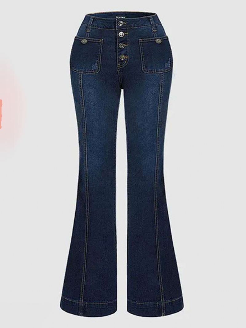 Damesjeans Met Hoge Taille Knopen Uitlopende Pijpen Charmante Broek - Diepblauw