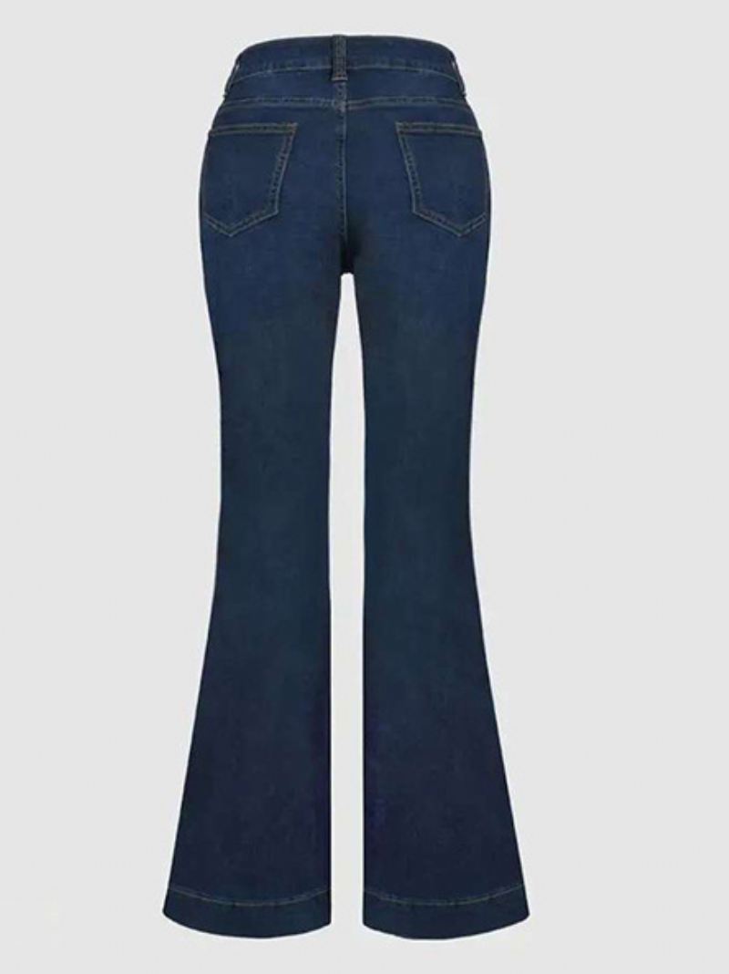 Damesjeans Met Hoge Taille Knopen Uitlopende Pijpen Charmante Broek - Diepblauw