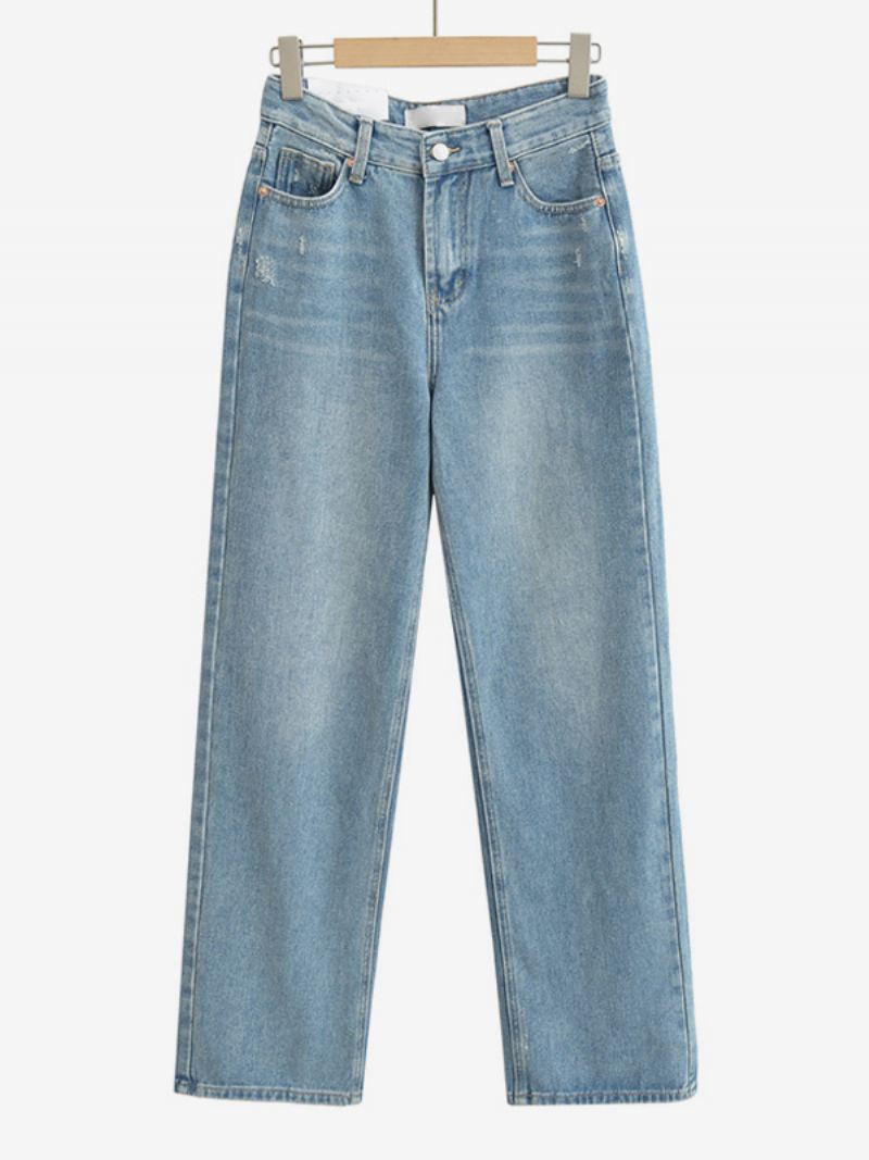 Damesjeans Met Wijde Pijpen Hoge Taille Ritssluiting Eenvoudige Dagelijkse Broek - Blauw