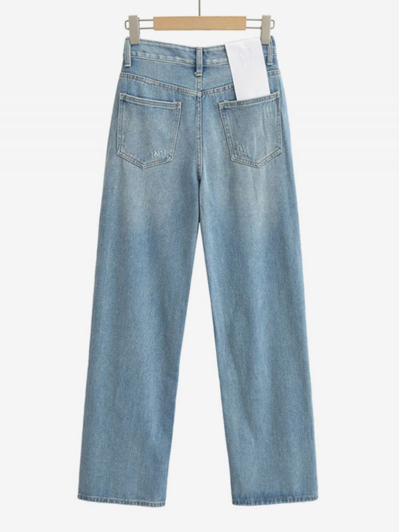 Damesjeans Met Wijde Pijpen Hoge Taille Ritssluiting Eenvoudige Dagelijkse Broek - Blauw