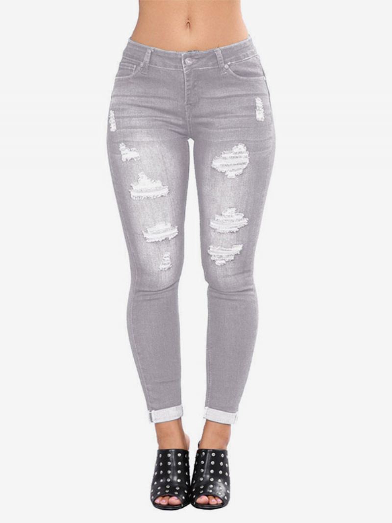 Damesjeans Modern Distressed Skinny Katoenen Broek - Grijs