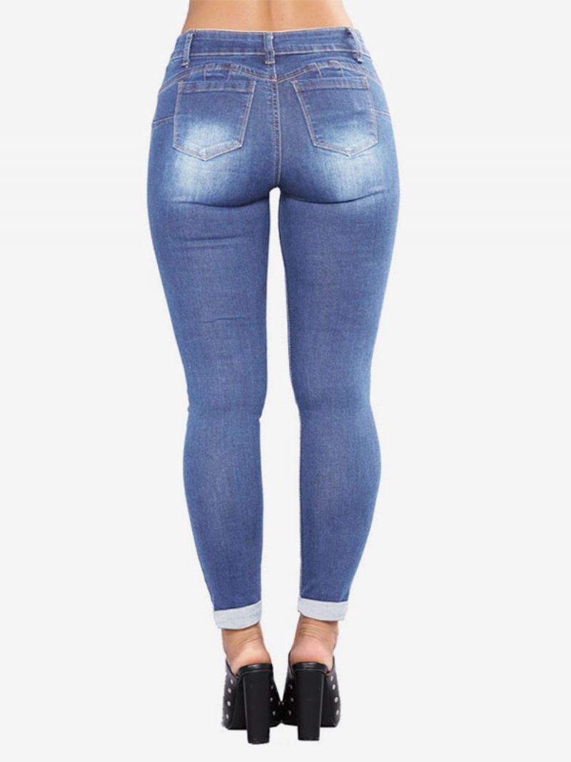 Damesjeans Modern Distressed Skinny Katoenen Broek - Licht Hemelsblauw