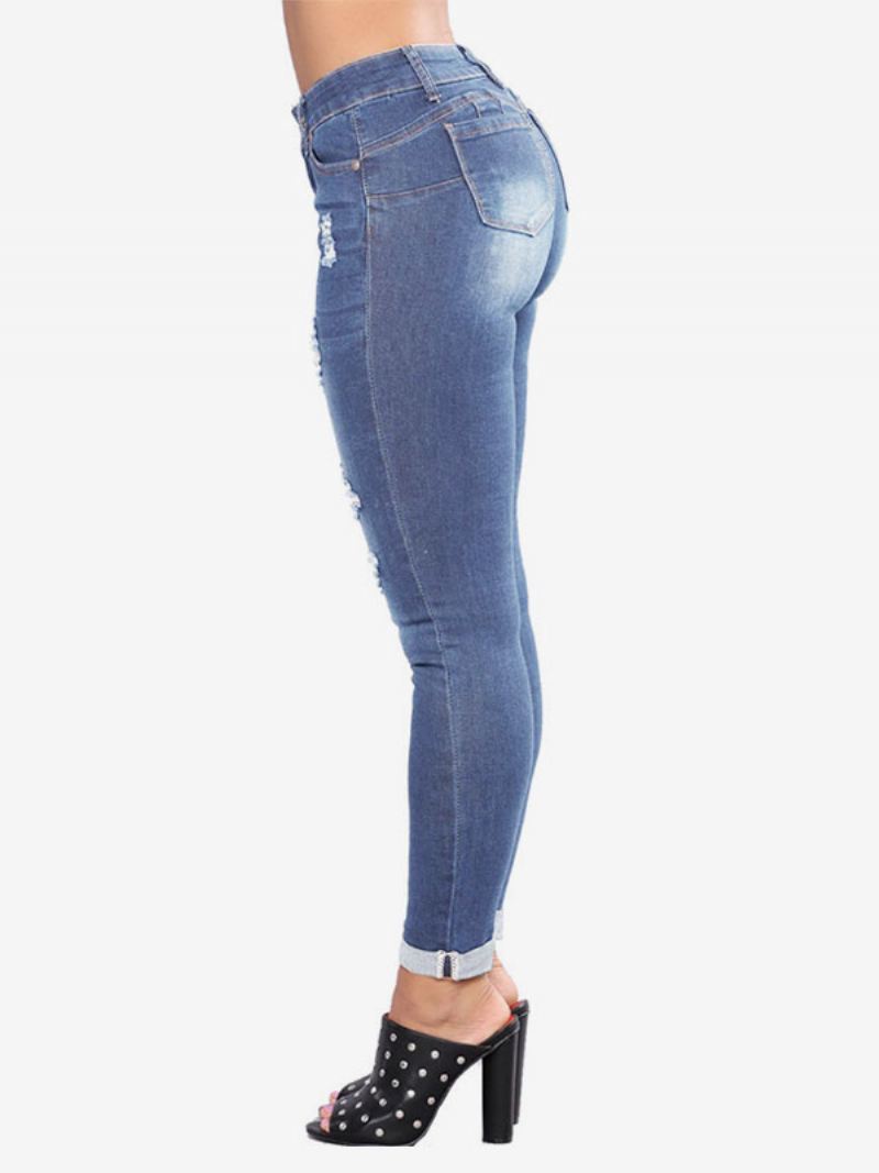 Damesjeans Modern Distressed Skinny Katoenen Broek - Licht Hemelsblauw