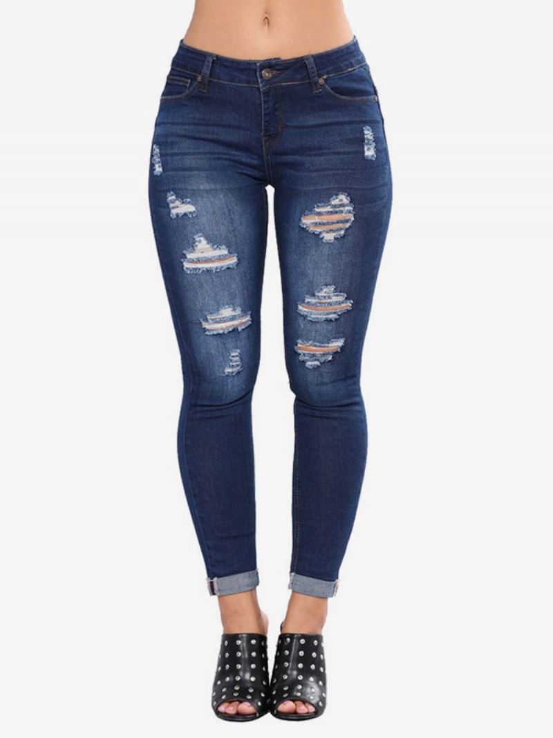 Damesjeans Modern Distressed Skinny Katoenen Broek - Diepblauw