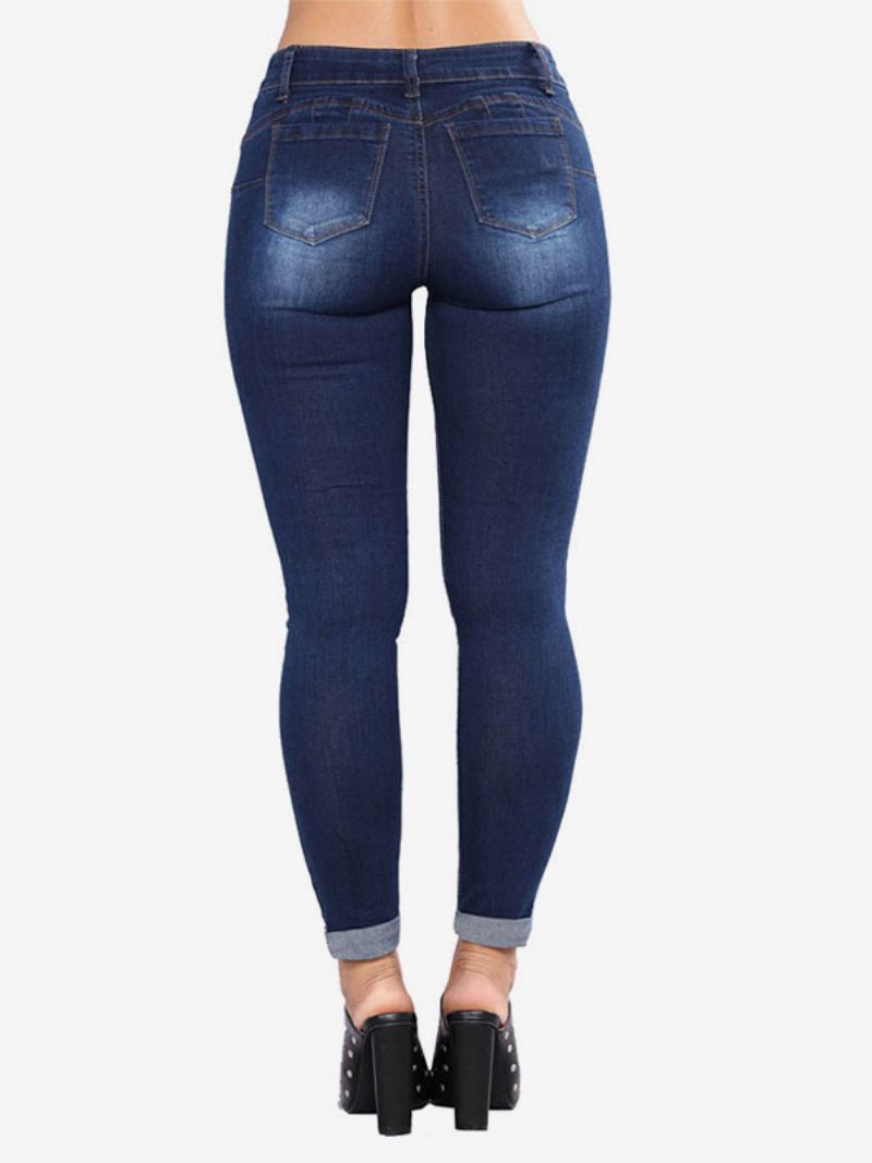 Damesjeans Modern Distressed Skinny Katoenen Broek - Diepblauw