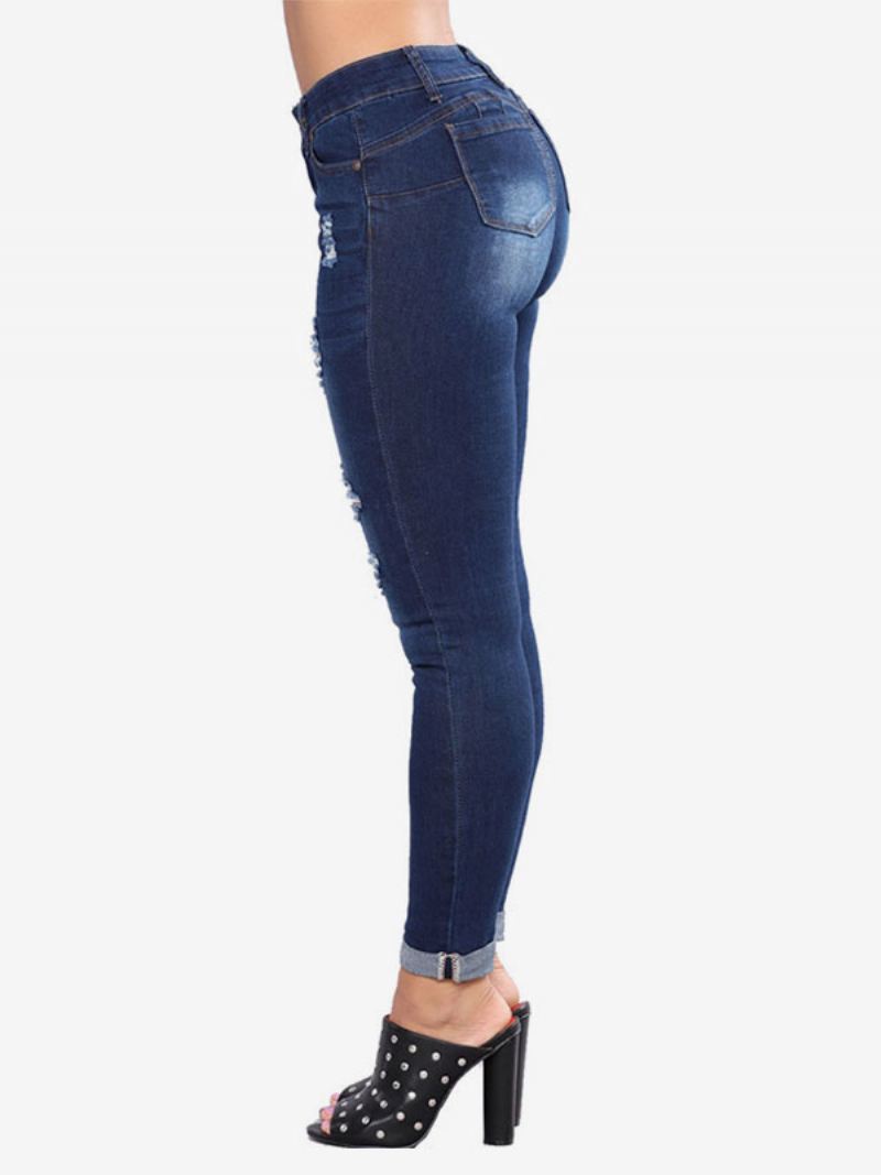 Damesjeans Modern Distressed Skinny Katoenen Broek - Diepblauw