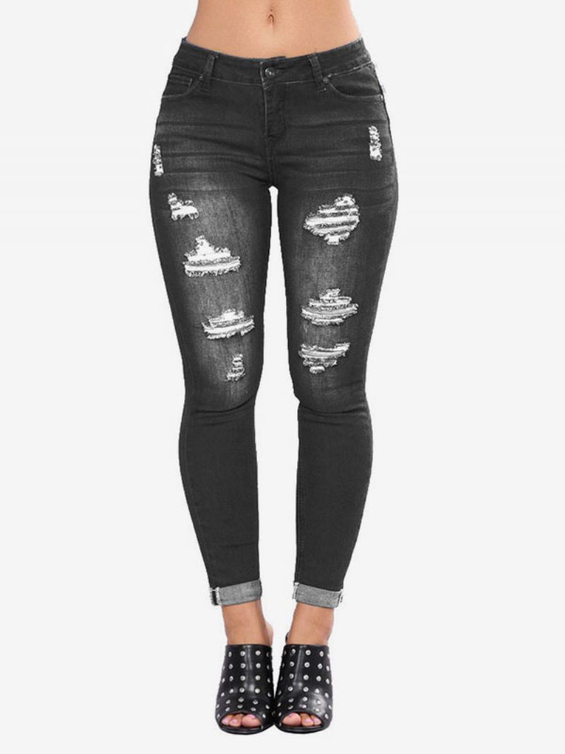 Damesjeans Modern Distressed Skinny Katoenen Broek - Zwart