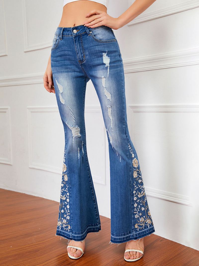 Flare Jeans Dames Met Halfhoge Taille Geborduurde Gescheurde Bell Bottoms