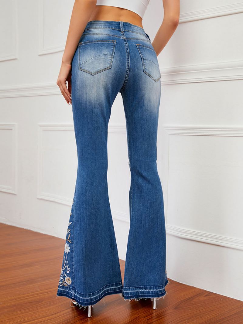 Flare Jeans Dames Met Halfhoge Taille Geborduurde Gescheurde Bell Bottoms - Blauw