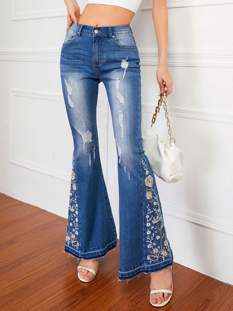 Flare Jeans Dames Met Halfhoge Taille Geborduurde Gescheurde Bell Bottoms - Blauw