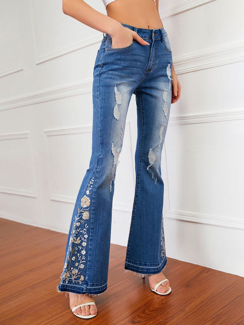 Flare Jeans Dames Met Halfhoge Taille Geborduurde Gescheurde Bell Bottoms - Blauw