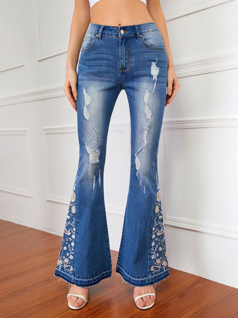 Flare Jeans Dames Met Halfhoge Taille Geborduurde Gescheurde Bell Bottoms - Blauw