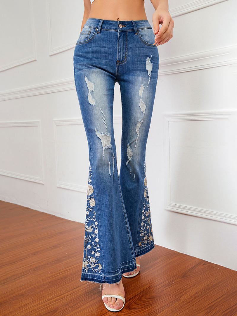 Flare Jeans Dames Met Halfhoge Taille Geborduurde Gescheurde Bell Bottoms - Blauw