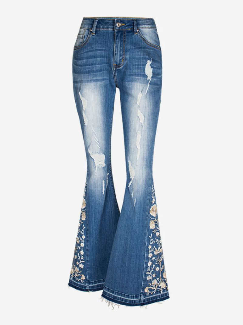 Flare Jeans Dames Met Halfhoge Taille Geborduurde Gescheurde Bell Bottoms - Blauw