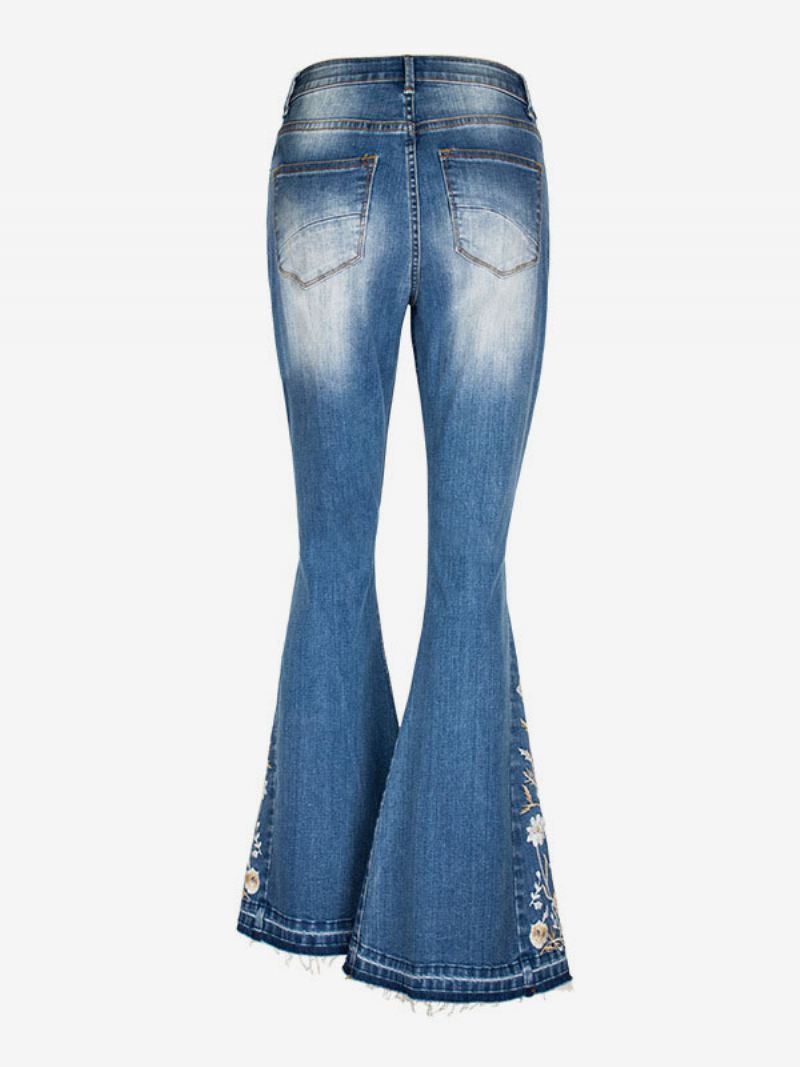 Flare Jeans Dames Met Halfhoge Taille Geborduurde Gescheurde Bell Bottoms - Blauw