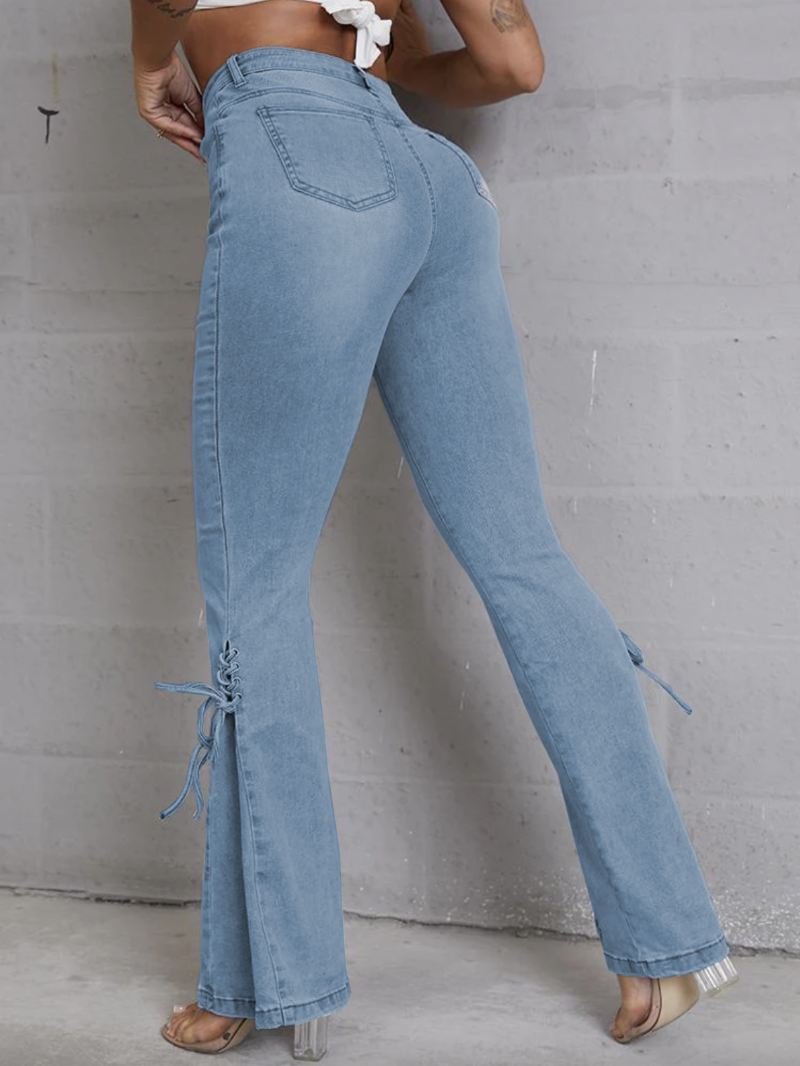 Flare Jeans Dames Met Vetersluiting Middelhoge Taille - Licht Hemelsblauw