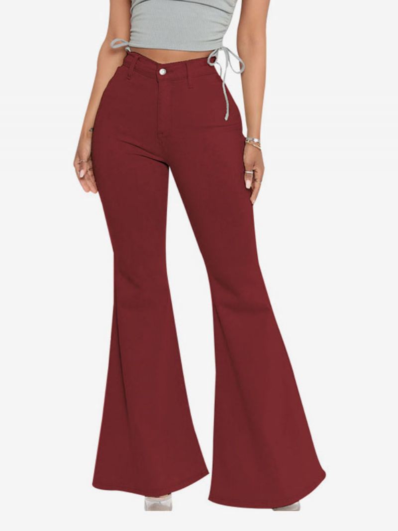 Flare Jeans Dames Raw Edge Bell Bottoms Met Hoge Taille - Bordeauxrood