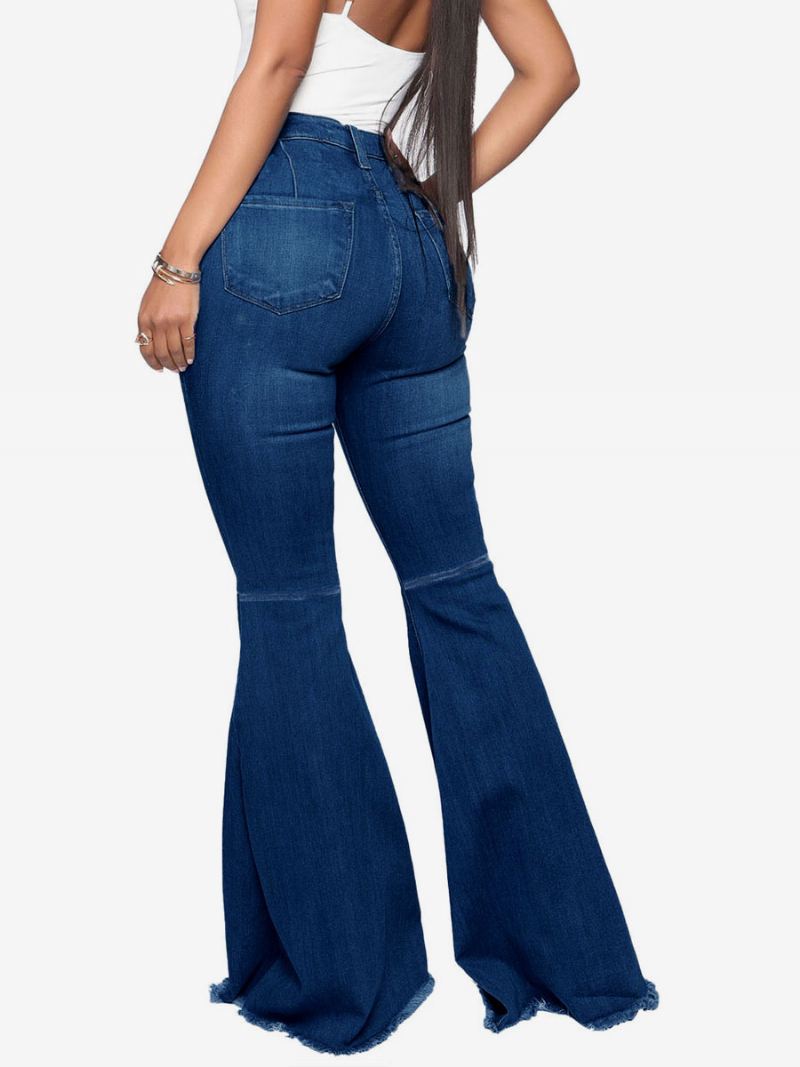 Flare Jeans Dames Raw Edge Bell Bottoms Met Hoge Taille - Diepblauw