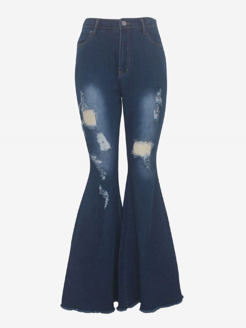 Flare Jeans Raw Edge Ripped Bell Bottoms Met Hoge Taille Dames - Diepblauw