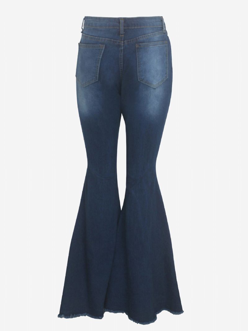 Flare Jeans Raw Edge Ripped Bell Bottoms Met Hoge Taille Dames - Diepblauw