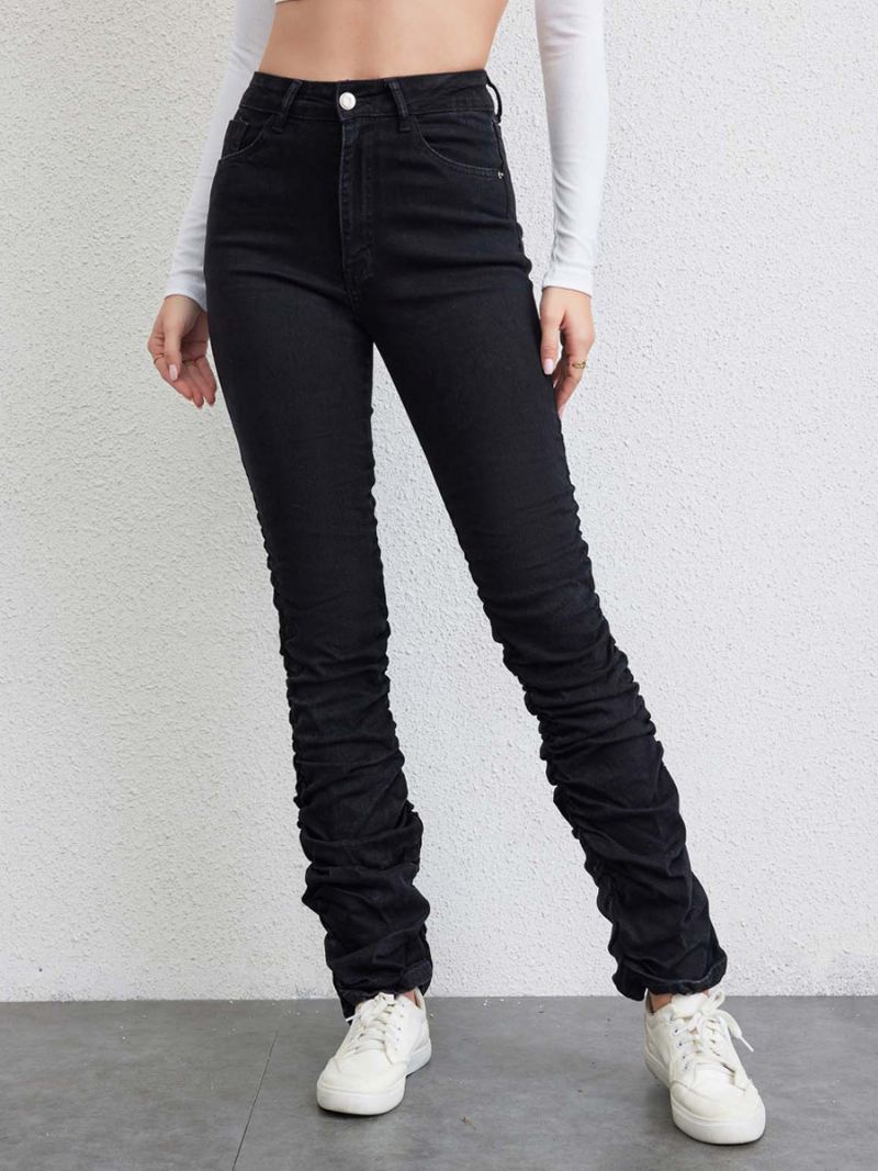 Geplooide Jeans Dames Rechte Denimbroek Met Ritssluiting Hoge Taille