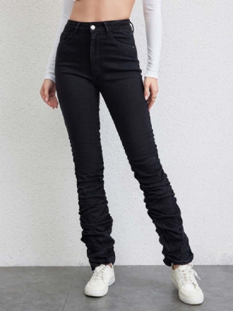 Geplooide Jeans Dames Rechte Denimbroek Met Ritssluiting Hoge Taille