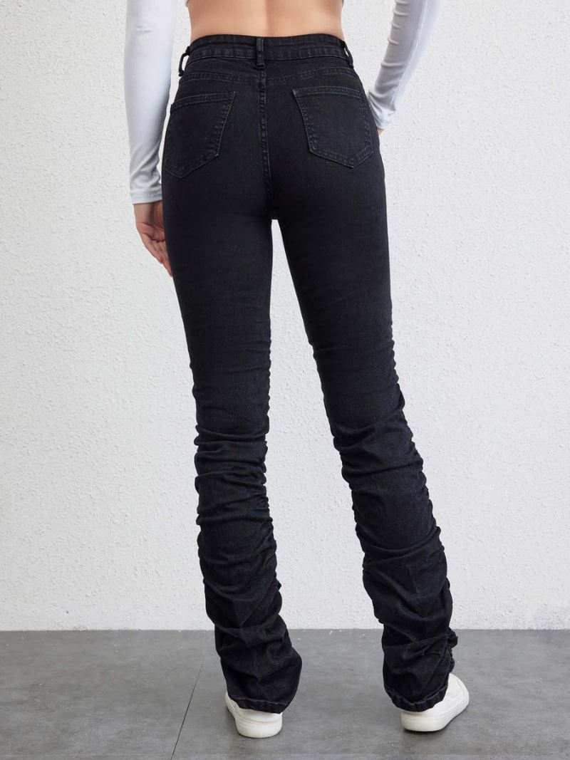 Geplooide Jeans Dames Rechte Denimbroek Met Ritssluiting Hoge Taille - Zwart