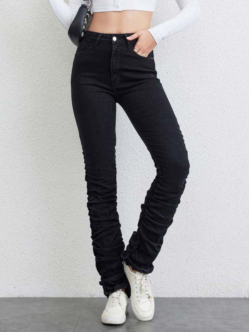 Geplooide Jeans Dames Rechte Denimbroek Met Ritssluiting Hoge Taille - Zwart