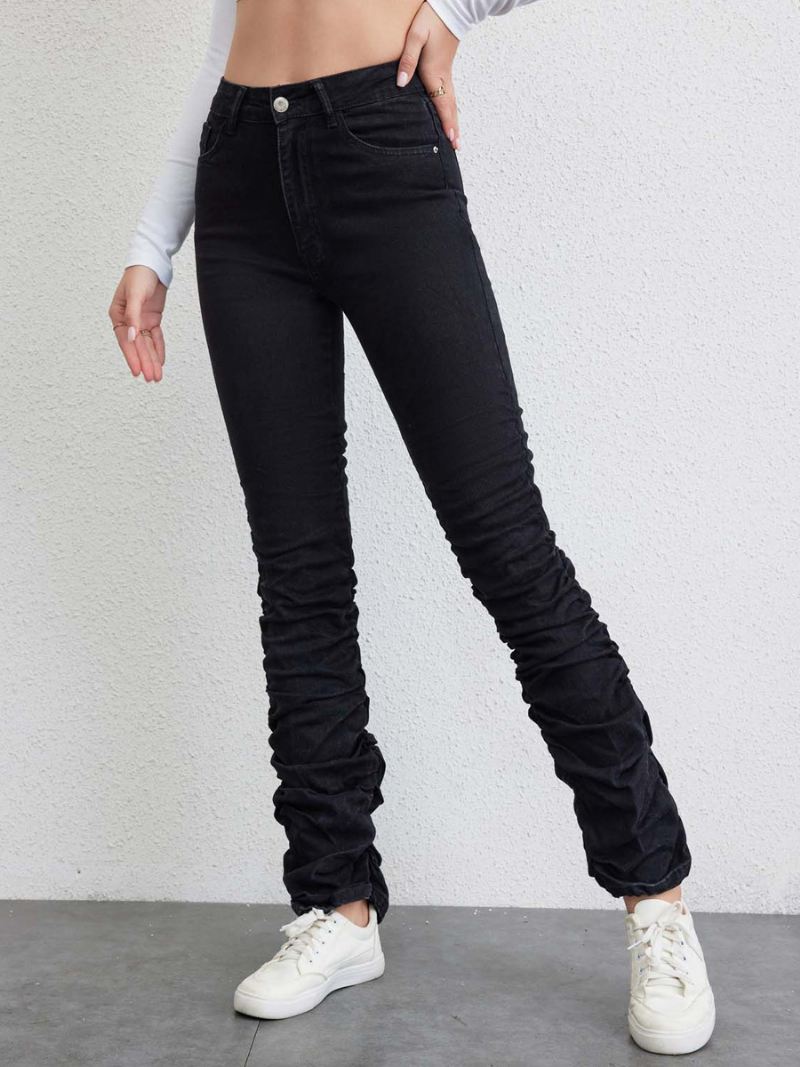 Geplooide Jeans Dames Rechte Denimbroek Met Ritssluiting Hoge Taille - Zwart