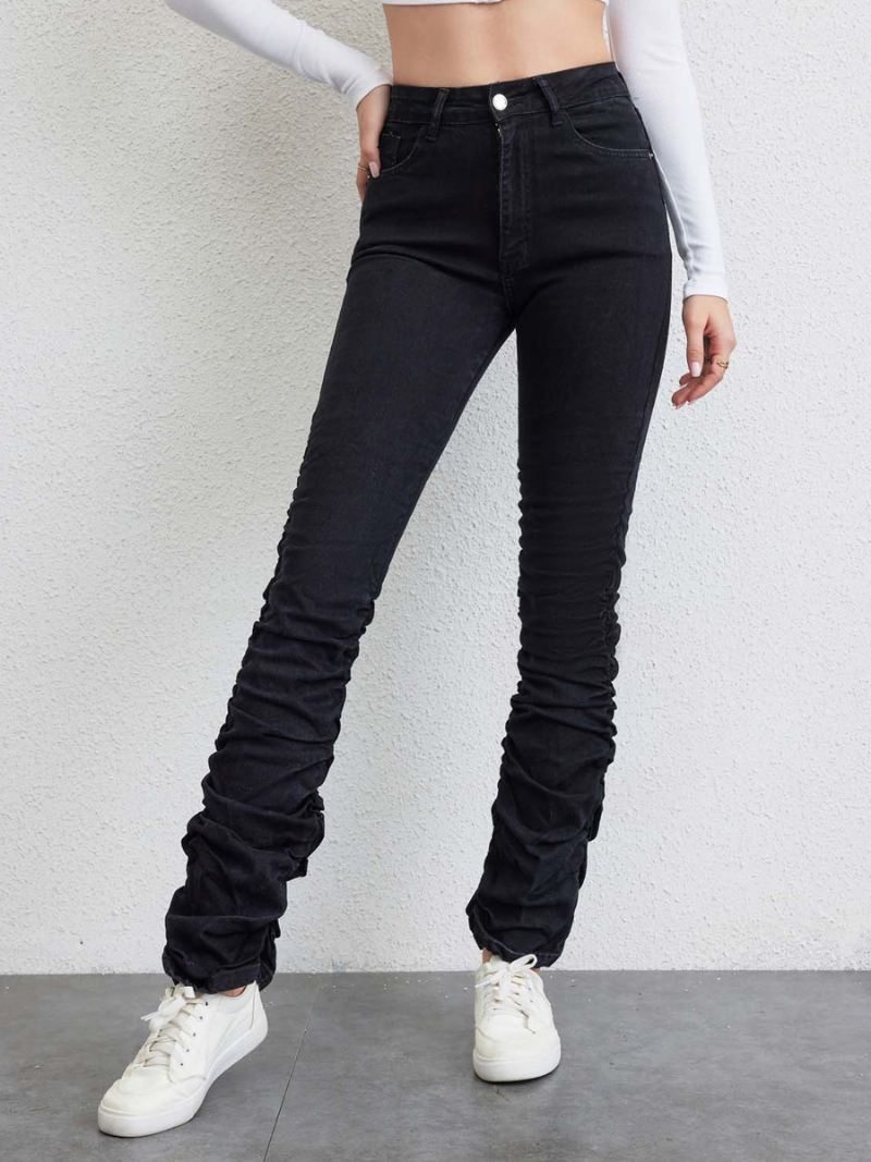 Geplooide Jeans Dames Rechte Denimbroek Met Ritssluiting Hoge Taille - Zwart