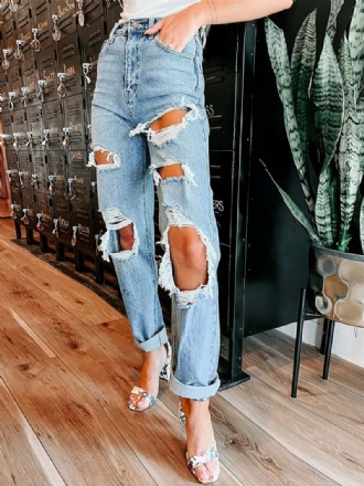 Gescheurde Jeans Dames Hoge Taille Rechte Katoenen Broek