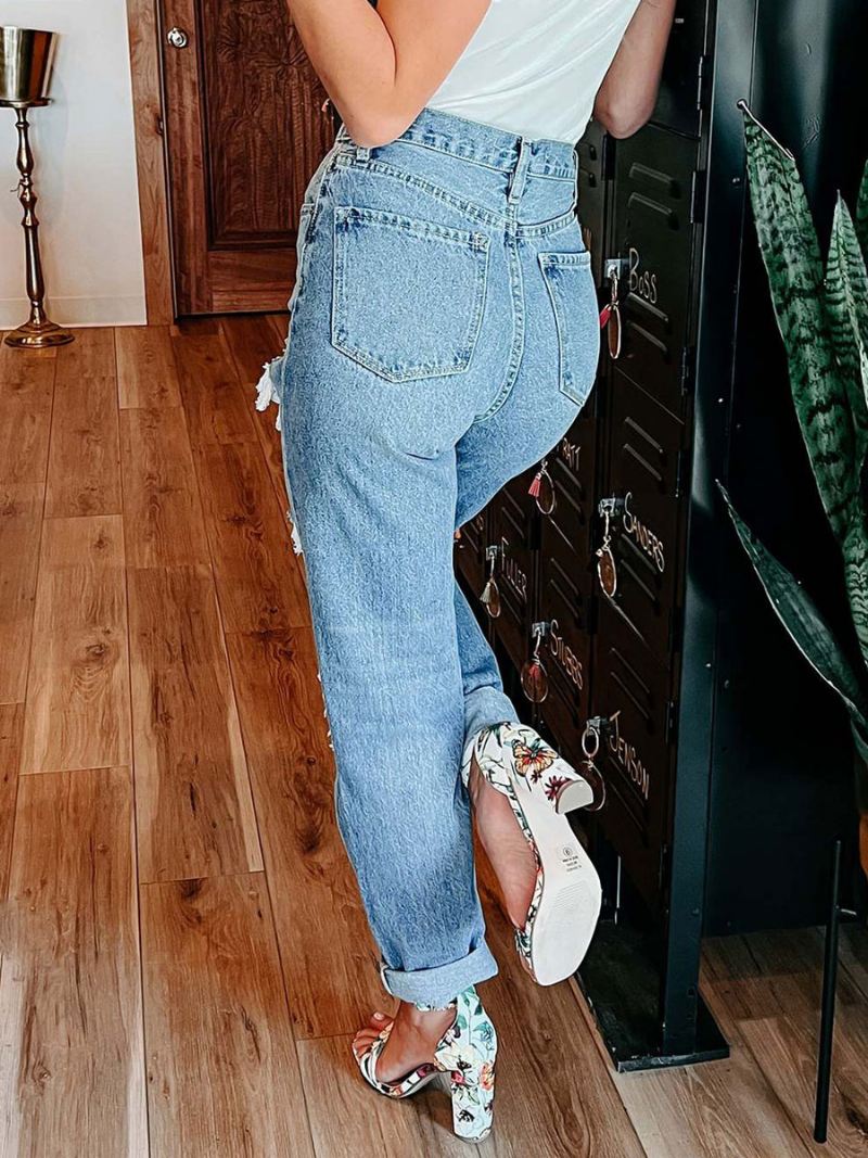 Gescheurde Jeans Dames Hoge Taille Rechte Katoenen Broek - Blauw