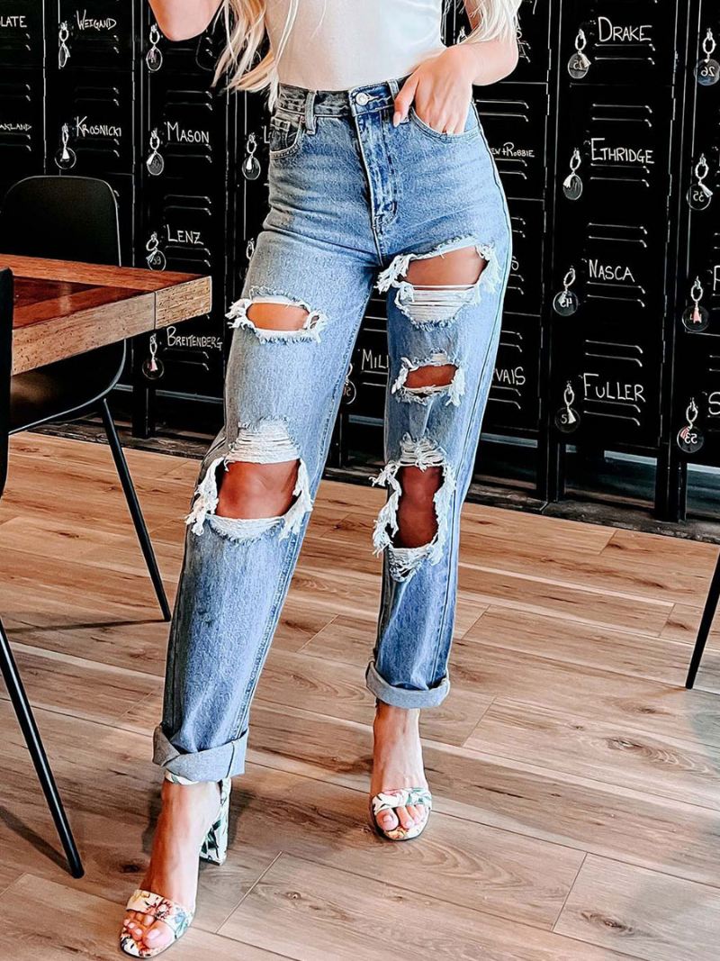 Gescheurde Jeans Dames Hoge Taille Rechte Katoenen Broek - Blauw