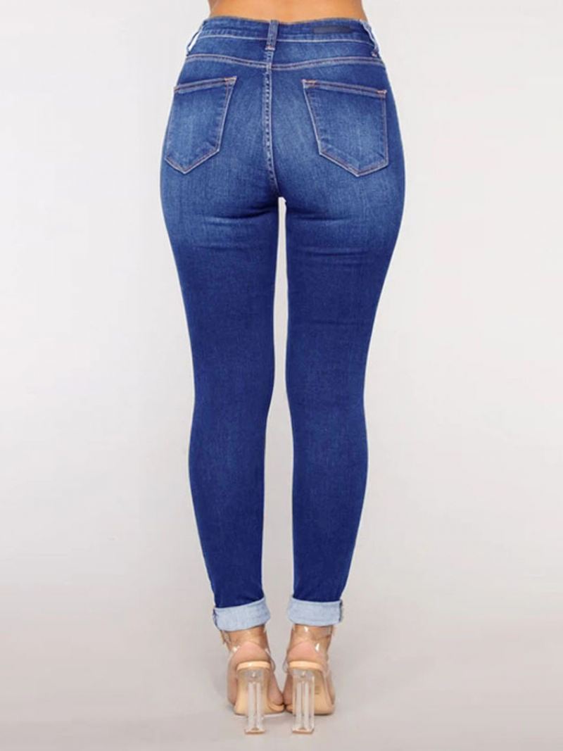 Gescheurde Jeans Met Hoge Taille Casual Katoenen Skinny Broek Dames - Blauw