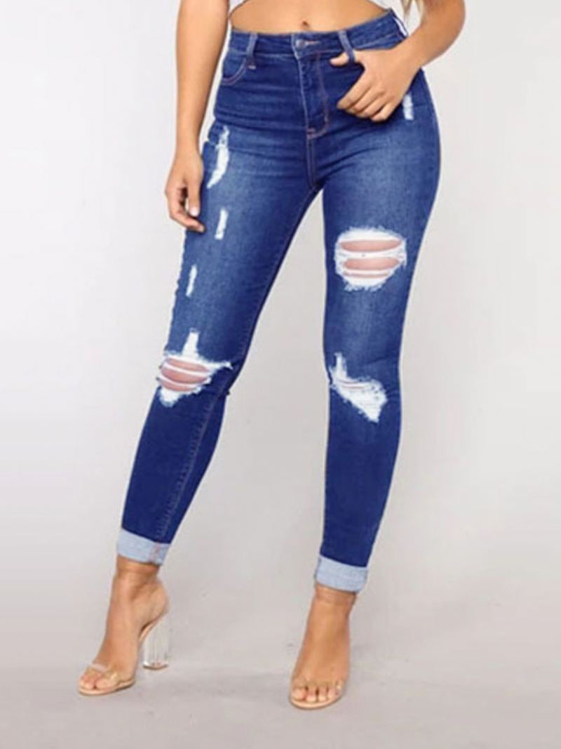 Gescheurde Jeans Met Hoge Taille Casual Katoenen Skinny Broek Dames - Blauw