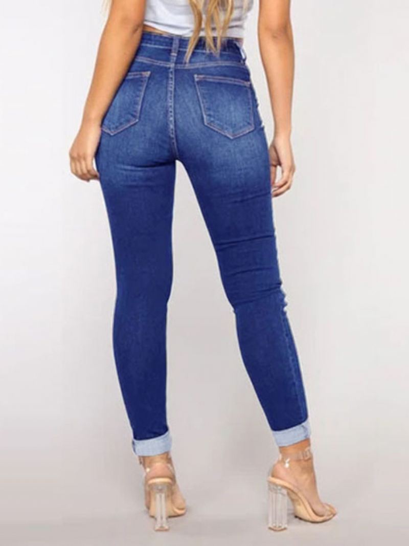 Gescheurde Jeans Met Hoge Taille Casual Katoenen Skinny Broek Dames - Blauw