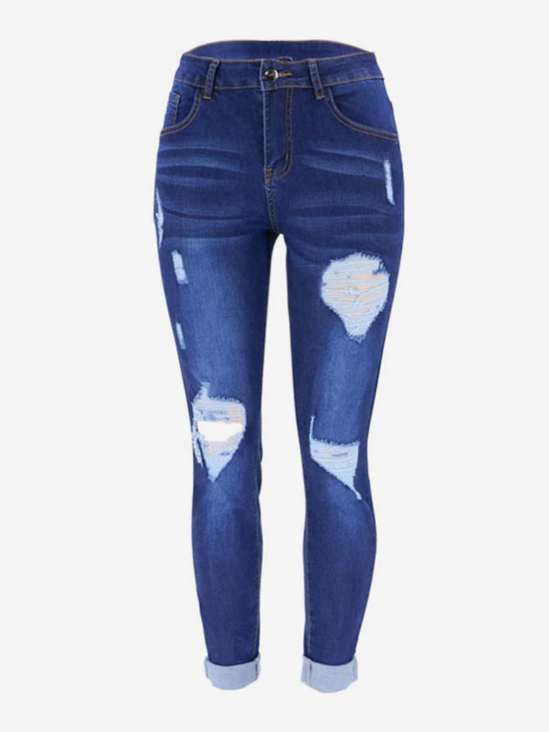 Gescheurde Jeans Met Hoge Taille Casual Katoenen Skinny Broek Dames - Blauw