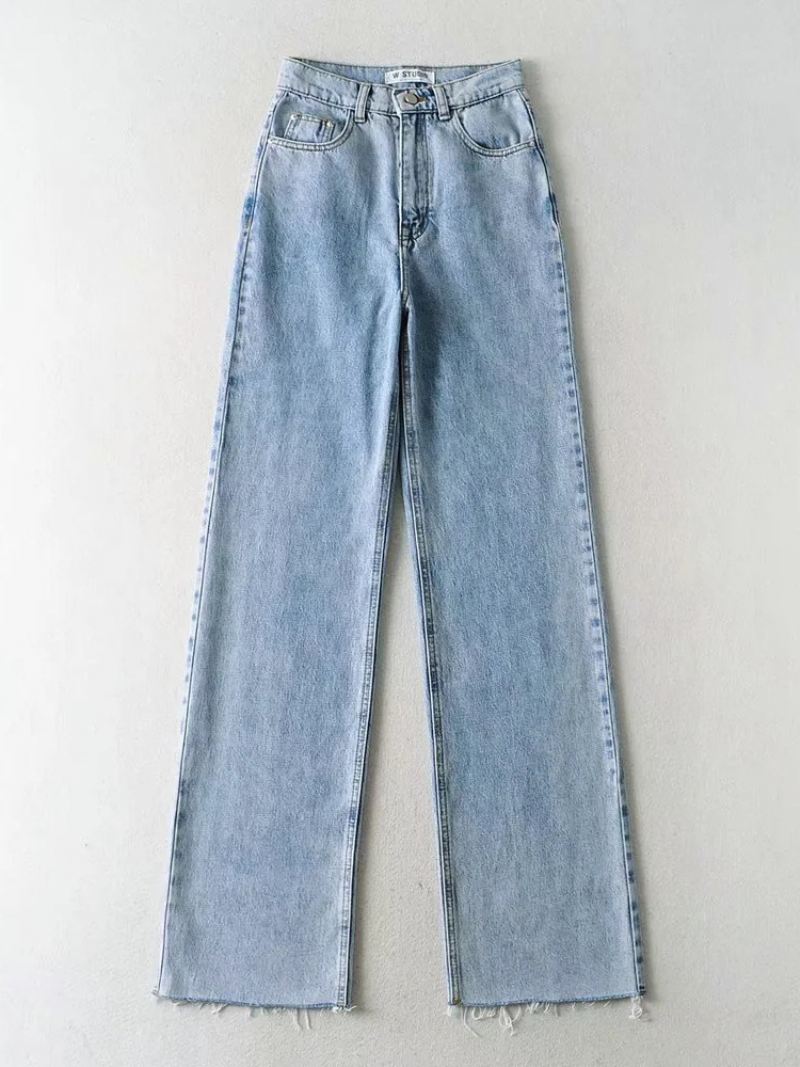 Jeans Dames Casual Ritssluiting Verhoogde Taille Knoopsluiting Rechte Denimbroek - Babyblauw