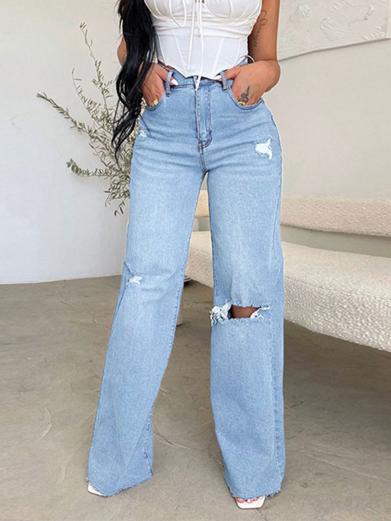 Jeans Dames Charmant Verweerd Recht Polyester - Licht Hemelsblauw