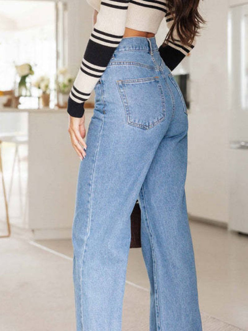 Rechte Damescowgirlbroek Met Wijde Pijpen Effen Kleur Moderne Casual Broek - Babyblauw