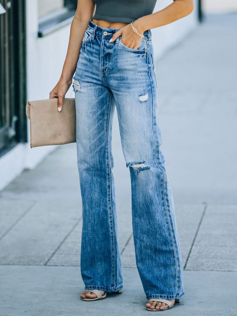 Rechte Jeans Dames Met Hoge Taille Gescheurde Voorjaarsbroeken