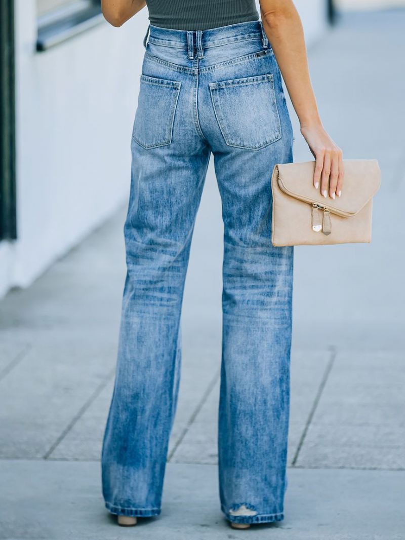 Rechte Jeans Dames Met Hoge Taille Gescheurde Voorjaarsbroeken - Blauw