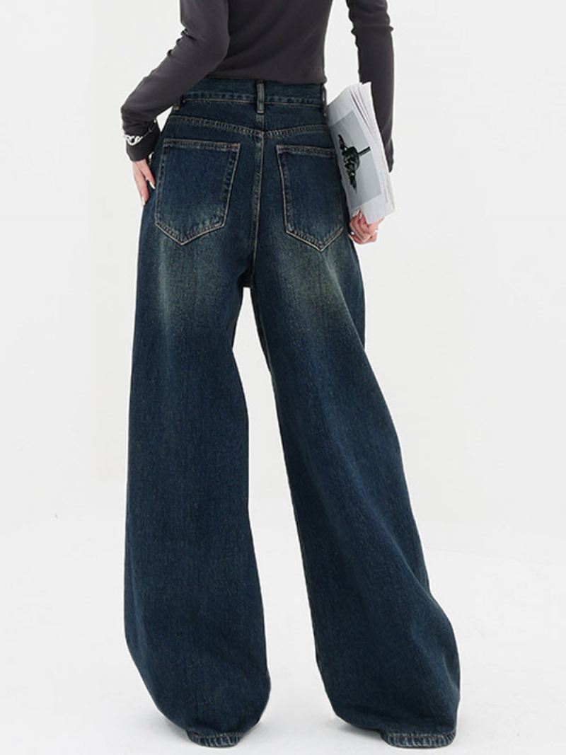 Rechte Jeans Dames Vintage Hoge Taille Broek Met Wijde Pijpen - Blauw